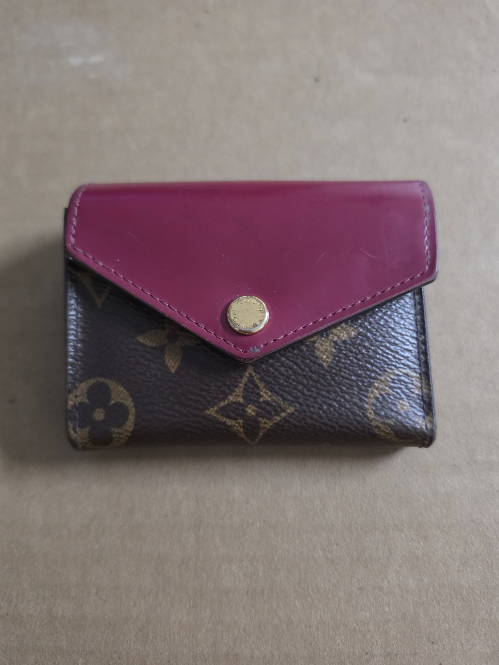 Louis Vuitton Monogram Compact Leather Wallet with BurgundyFlap